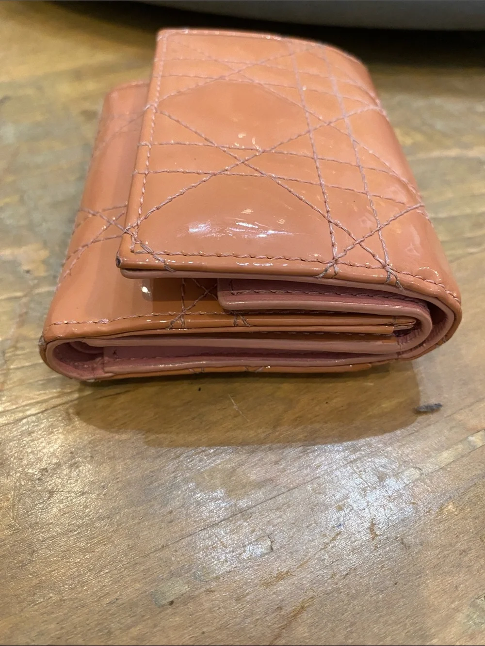 Lady Dior Lotus Quilted Patent Leather Cannage Wallet in Peachy Pink